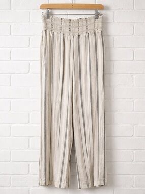 Rewash Smocked Waist Linen Pants XL Neutral Stripe Boho Wide Leg Boho Beach Vibe